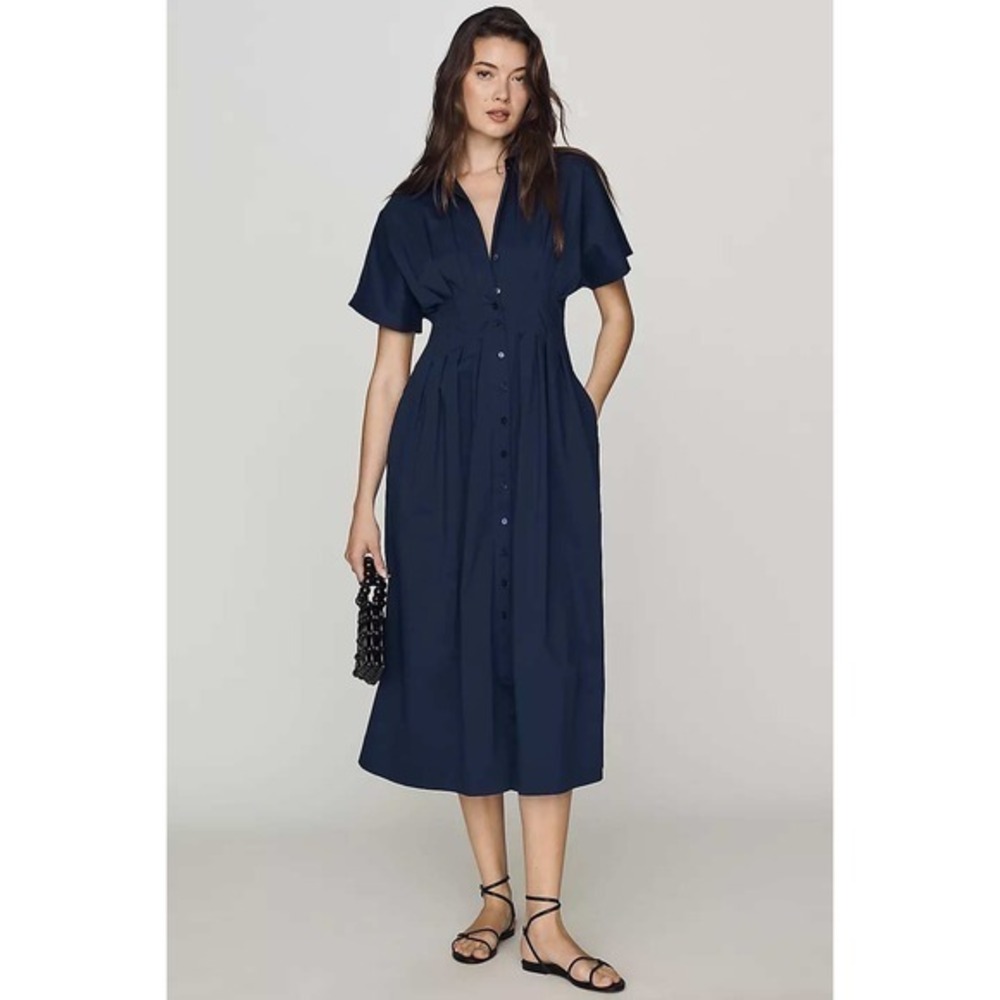 Exquise Tobie Waist-Defined Midi Shirtdress Solid Navy Size Large New With Tags